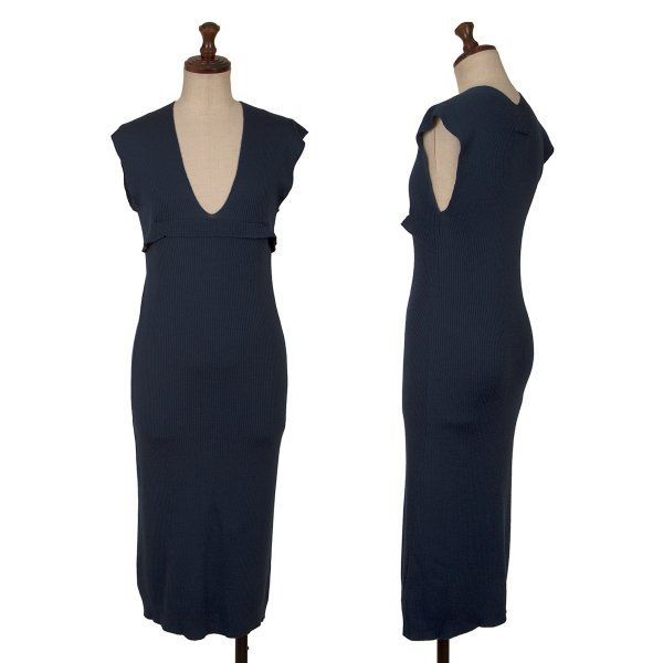 ジャンポールゴルチエ マイユファムJean Paul GAULTIER MAILLE FEMME ジャガードポケットパッカブルリブニットワンピース 紺S