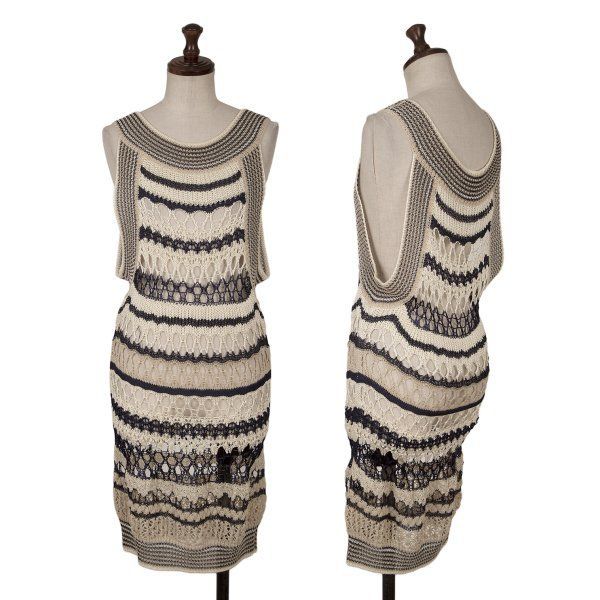 ジャンポールゴルチエ マイユファムJean Paul GAULTIER MAILLE FEMME レーヨンリネンボーダー透かし編みノースリーブニットチュニック アイボリー紺S