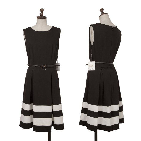 カルバンクラインCalvin Klein 裾ボーダーベルト付きノースリーブワンピース 黒2