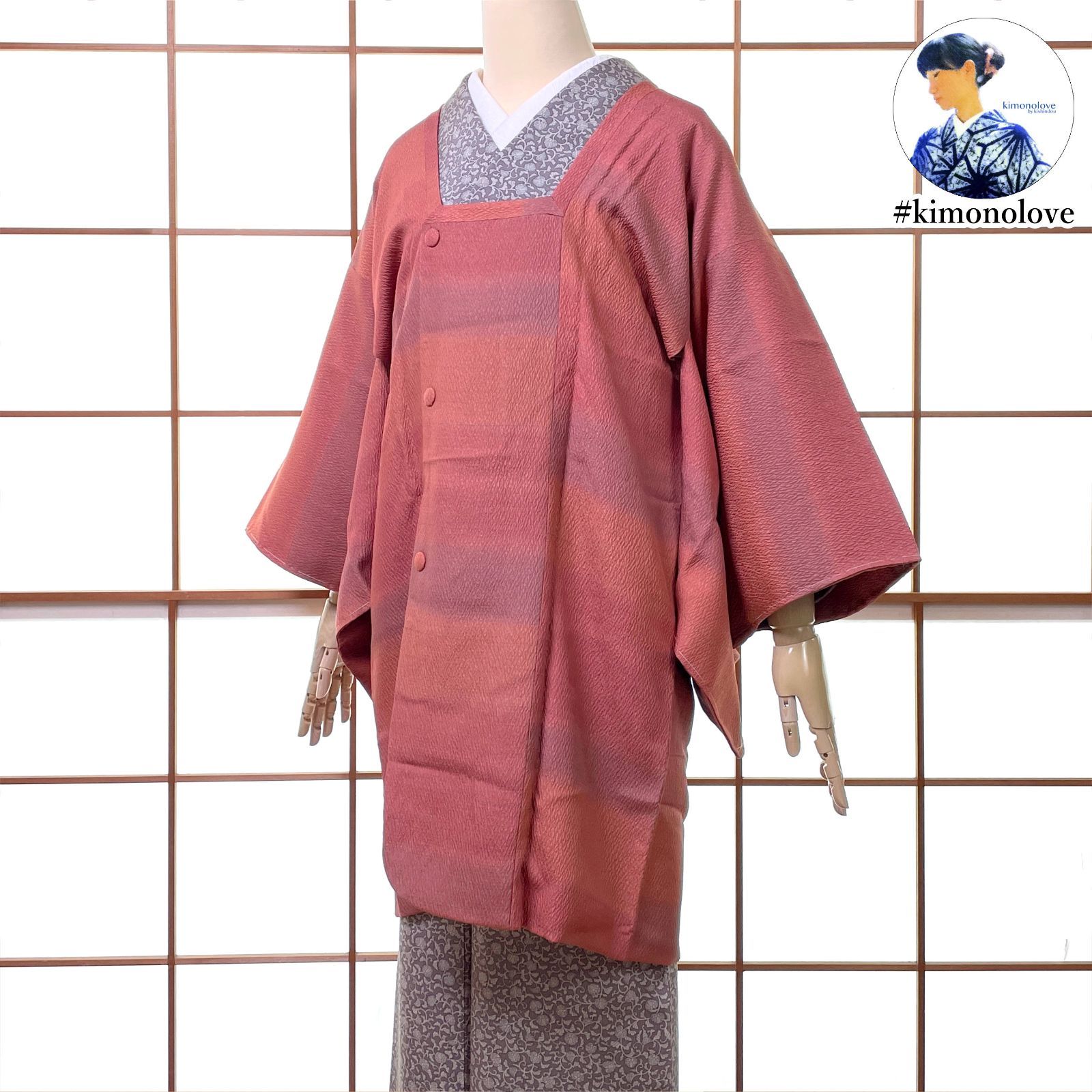 和装コート 道行 正絹 縞柄 くすみピンクや渋サーモンのぼかし 手縫い 着物 kimonolove ♥品 一点物 オゾン消臭サービス A-2612