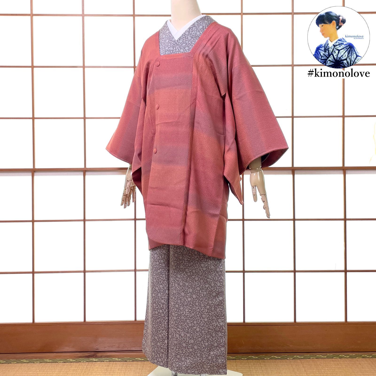 和装コート 道行 正絹 縞柄 くすみピンクや渋サーモンのぼかし 手縫い 着物 kimonolove ♥品 一点物 オゾン消臭サービス A-2612