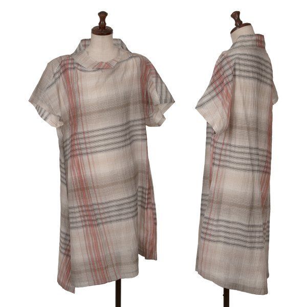 センソユニコ イオコムイオ io comme シースルーアシンメトリーチェック半袖ワンピース グレーピンク黒38