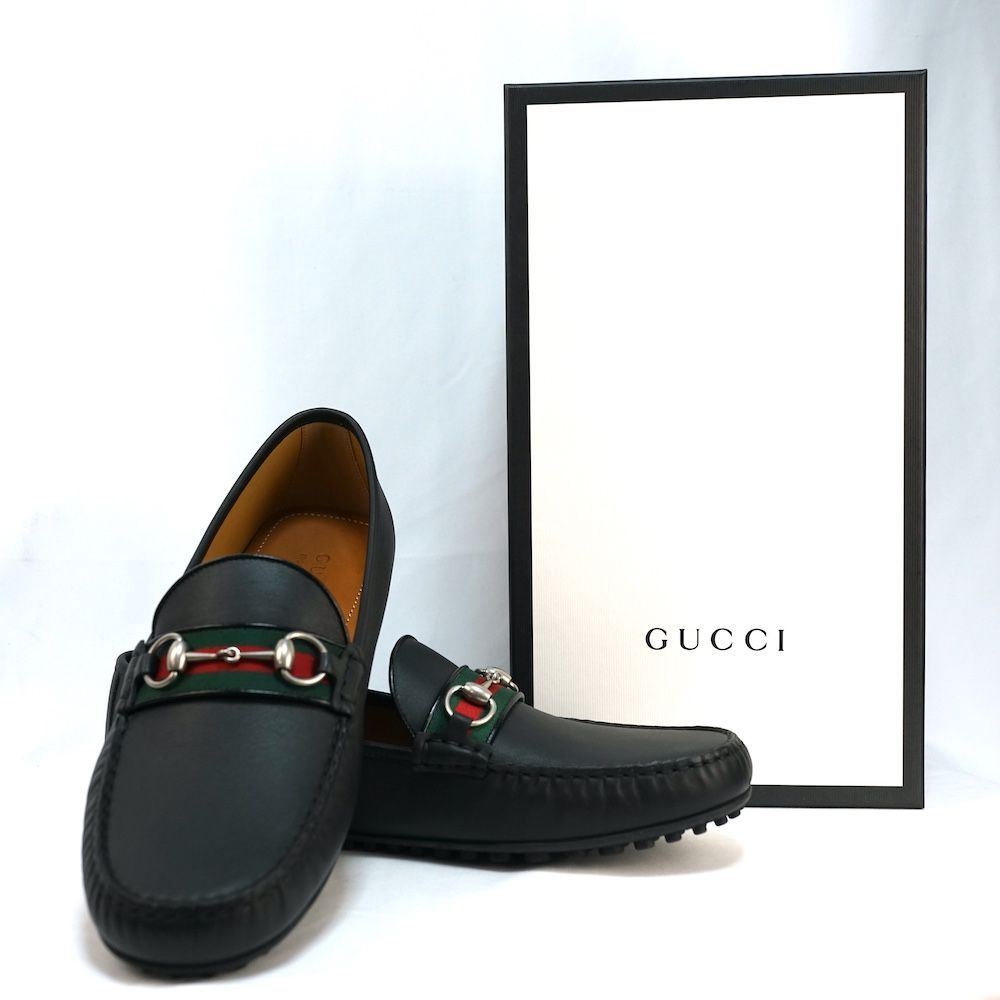 GUCCI グッチ シェリーライン レザー ホースビット マイクロ ドライビング シューズ ローファー ブラック 約32 cm
