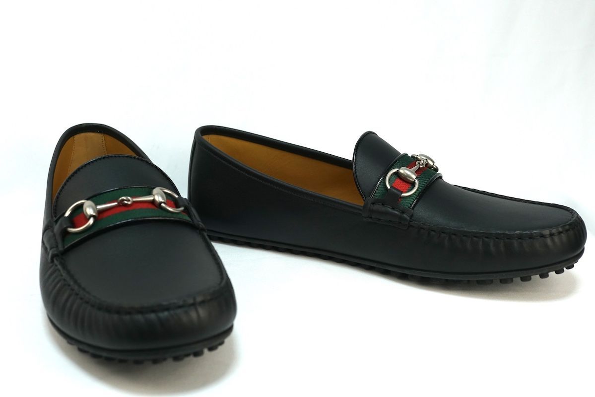 GUCCI グッチ シェリーライン レザー ホースビット マイクロ ドライビング シューズ ローファー ブラック 約32 cm