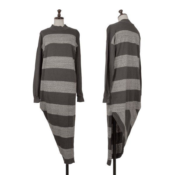 イッセイミヤケISSEY MIYAKE ボーダー変形モックネックワンピース チャコールM