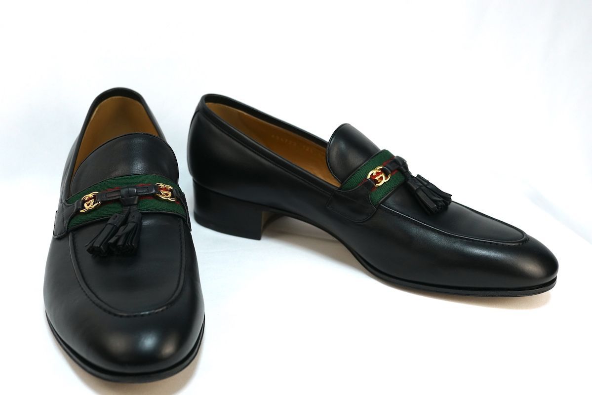 GUCCI グッチ インターロッキング G ウェブ タッセル ローファー 12. 約31.5 cm レザー ブラック