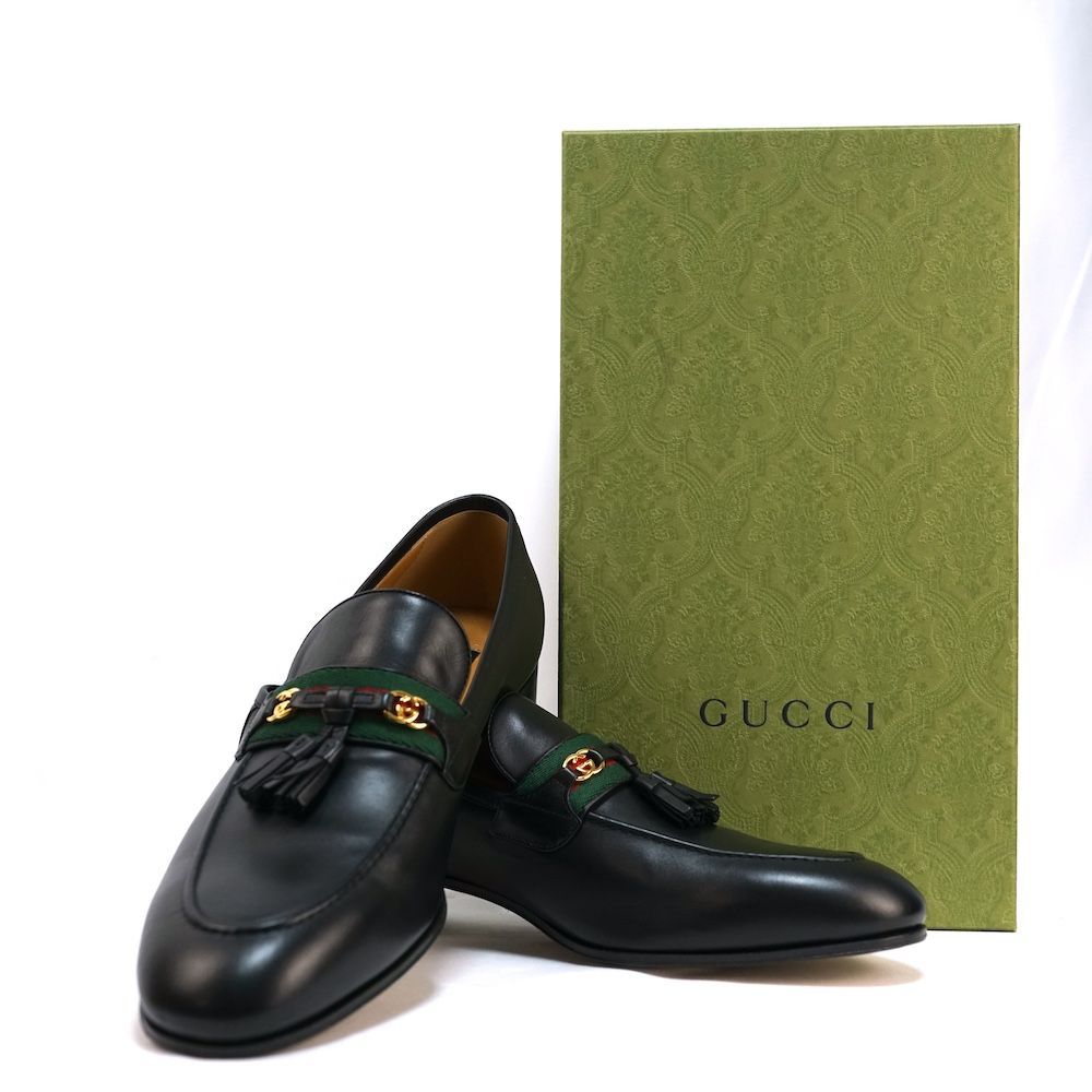 GUCCI グッチ インターロッキング G ウェブ タッセル ローファー 12. 約31.5 cm レザー ブラック ♥