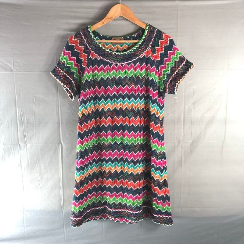 ミッソーニ MISSONI チュニック 半袖 ニット 編みデザイン マルチカラー イタリア製 ピンク 黄緑 ネイビー系 839288