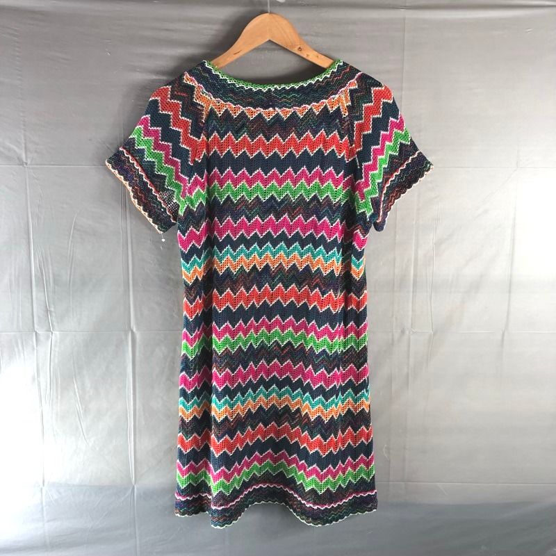 ミッソーニ MISSONI チュニック 半袖 ニット 編みデザイン マルチ イタリア製 ピンク 黄緑 ネイビー系 839288
