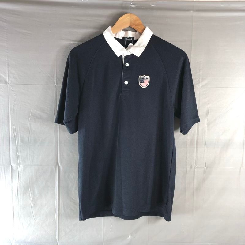美品✨【PAPAS PLUS】 半袖 ポロシャツ 刺繍ロゴ ワッペン 日本製 パパスプラス PAPAS＋ ポロシャツ 半袖 ワッペン ロゴ入り 日本製 紺
