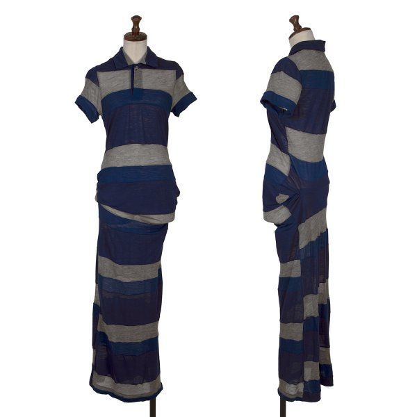 コムデギャルソンCOMME des GARCONS 切替ボーダー変形半袖ポロワンピース 青グレーS