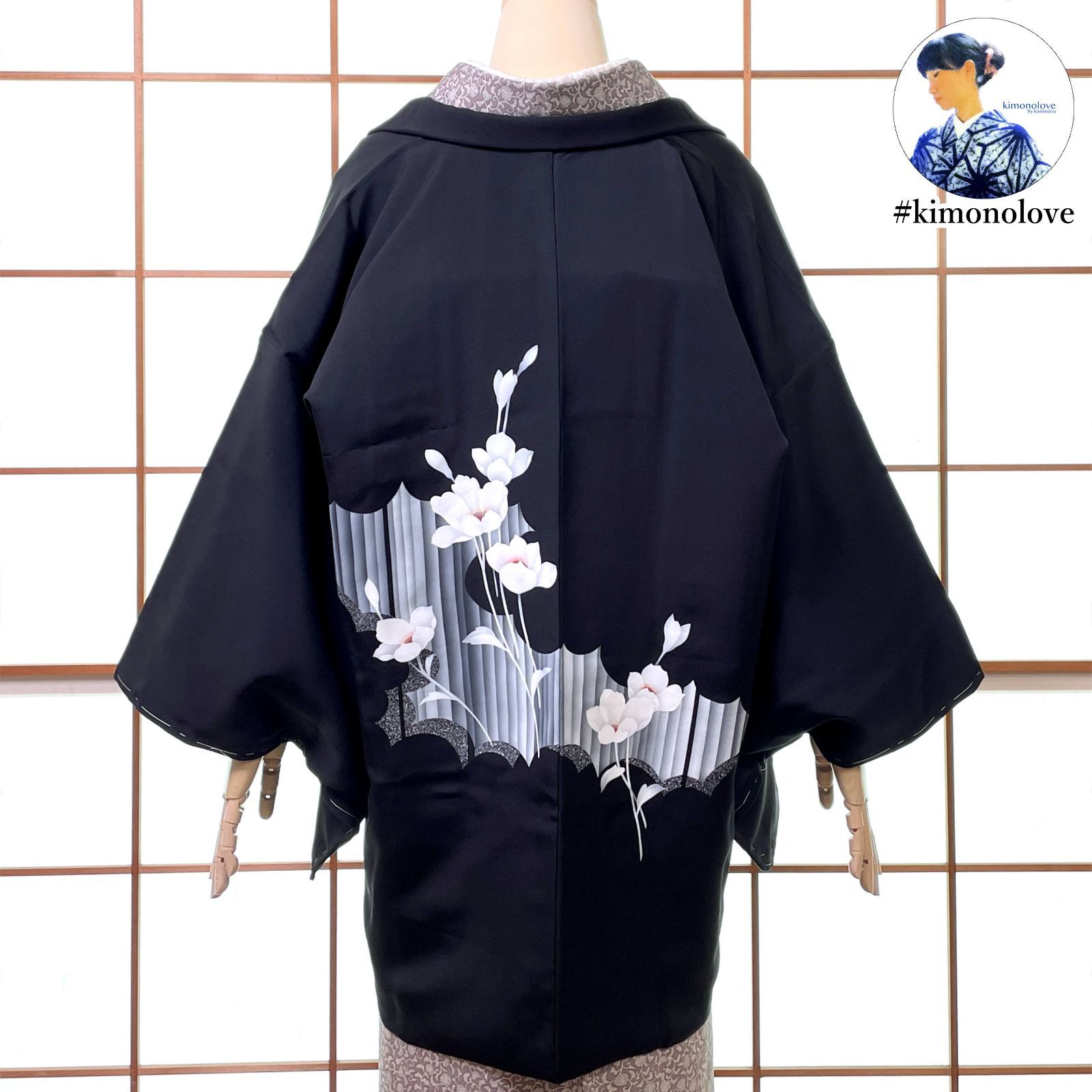 羽織 絵羽織 正絹 雲に花柄 ブラック 羽織紐付き 着物 kimonolove オゾン消臭サービス A 2613