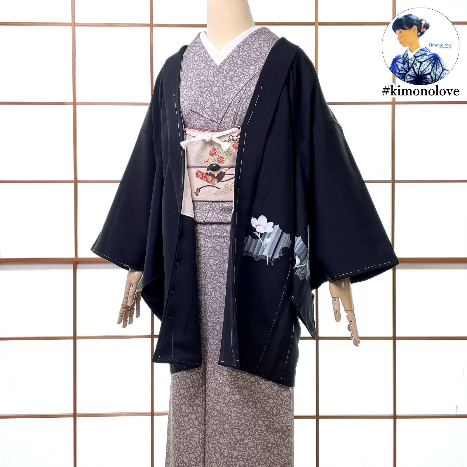 羽織 絵羽織 正絹 雲に花柄 ブラック 羽織紐付き 着物 kimonolove オゾン消臭サービス A-2613