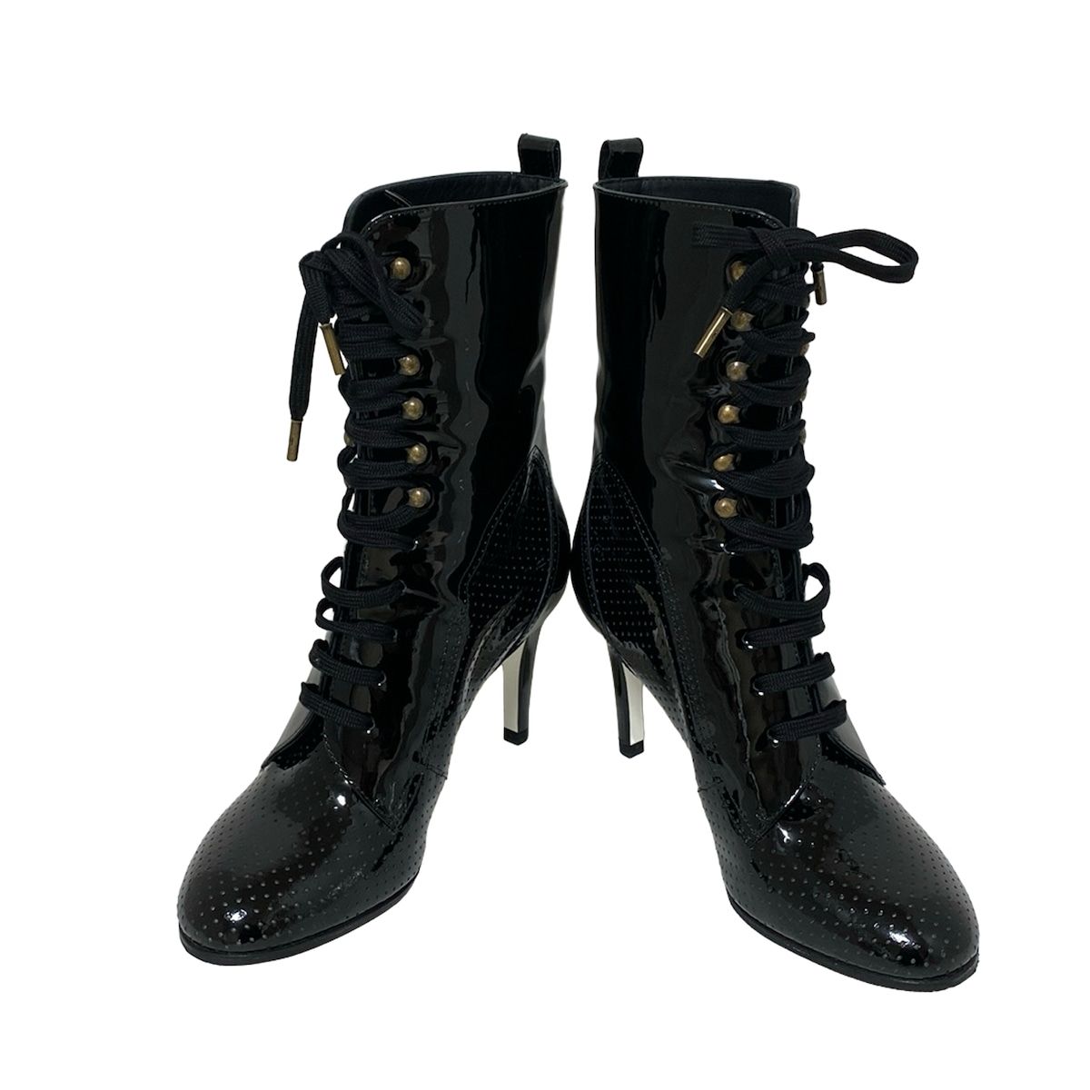 CHANEL シャネル ショートブーツ 37 C レディース - G 25717 黒 パンチング レースアップ アウトソール張替済 レザー