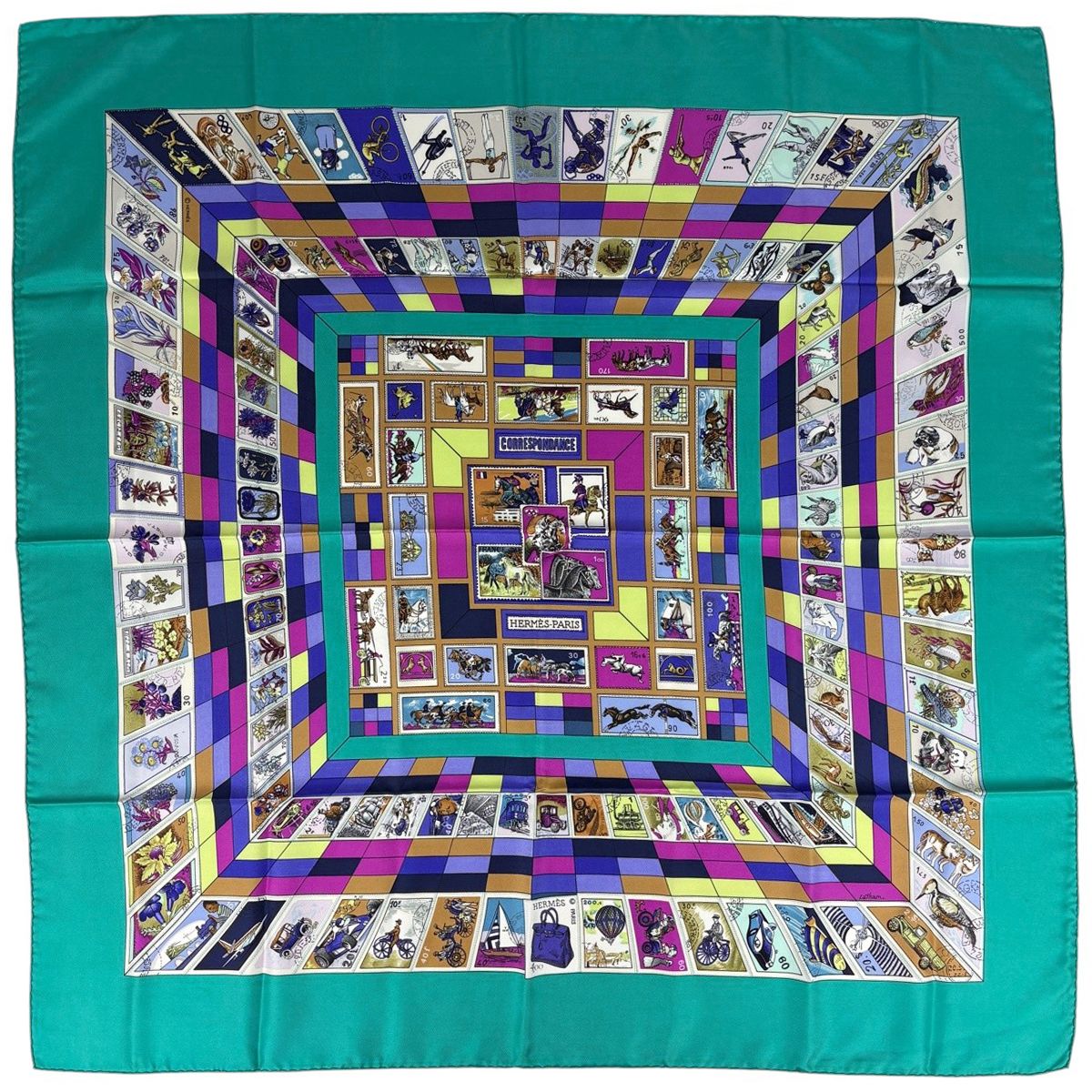 エルメス HERMES カレ90 CORRESPONDANCE 切手 アニマル スポーツ 馬 スカーフ シルク グリーン マルチ レディース