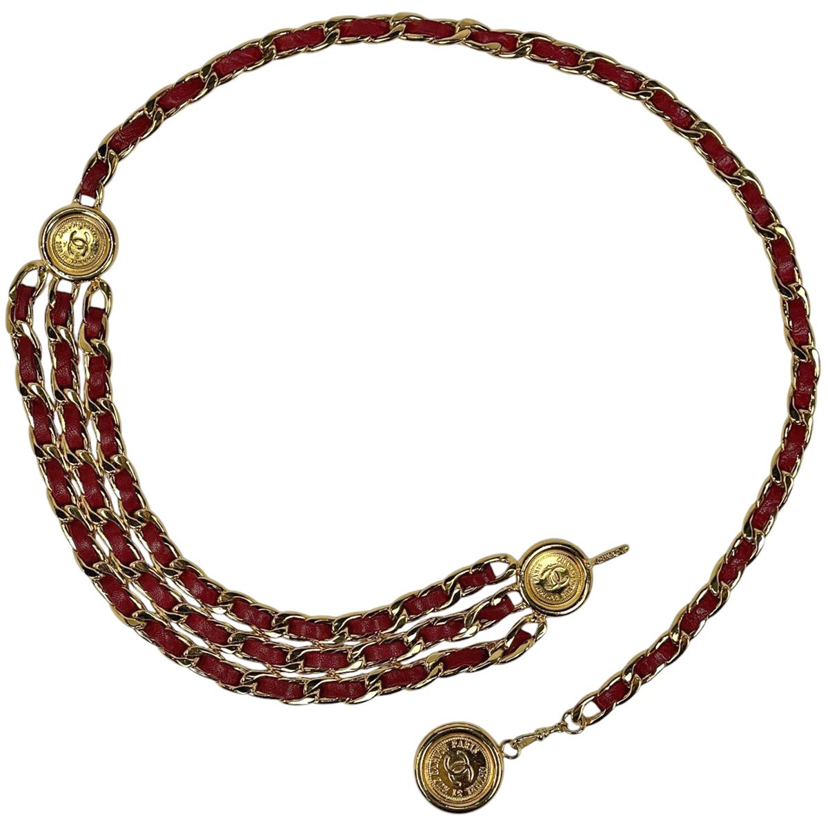 シャネル CHANEL ココマーク チェーン ベルト 3連 コイン GP レザー ゴールド レッド レディース