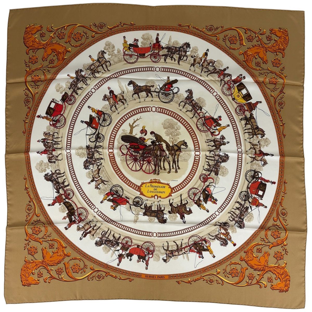 エルメス HERMES カレ 90 LA PROMENADE DE LONGCHAMPS ロンシャンへの散歩 馬車 スカーフ シルク ブラウン マルチ レディース