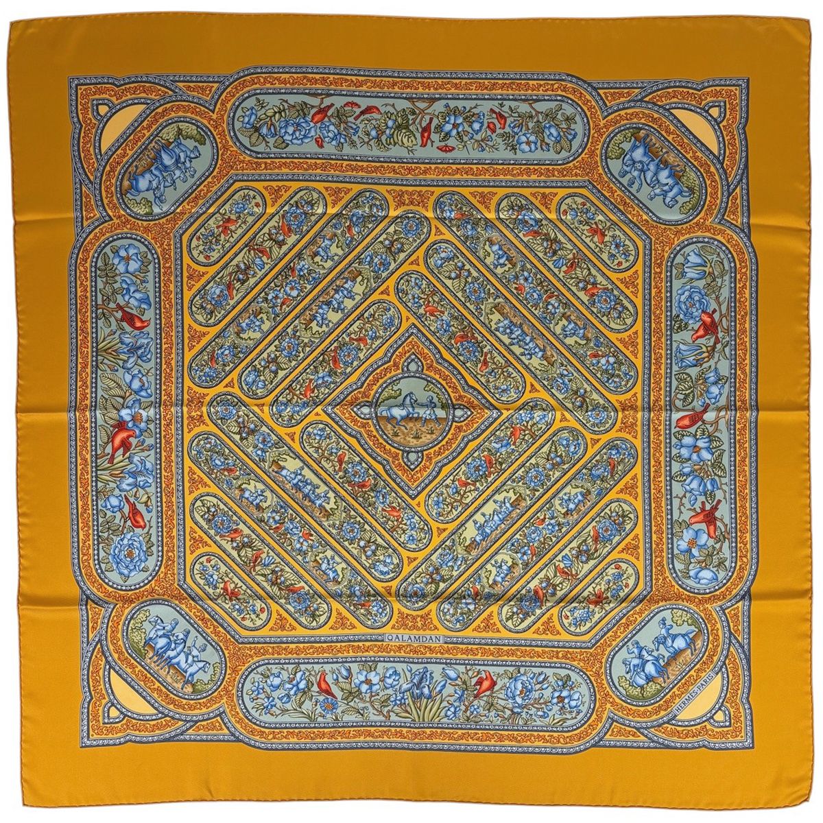 エルメス HERMES カレ 90 QALAMDAN カラムダン 花柄 スカーフ シルク オレンジ マルチ レディース