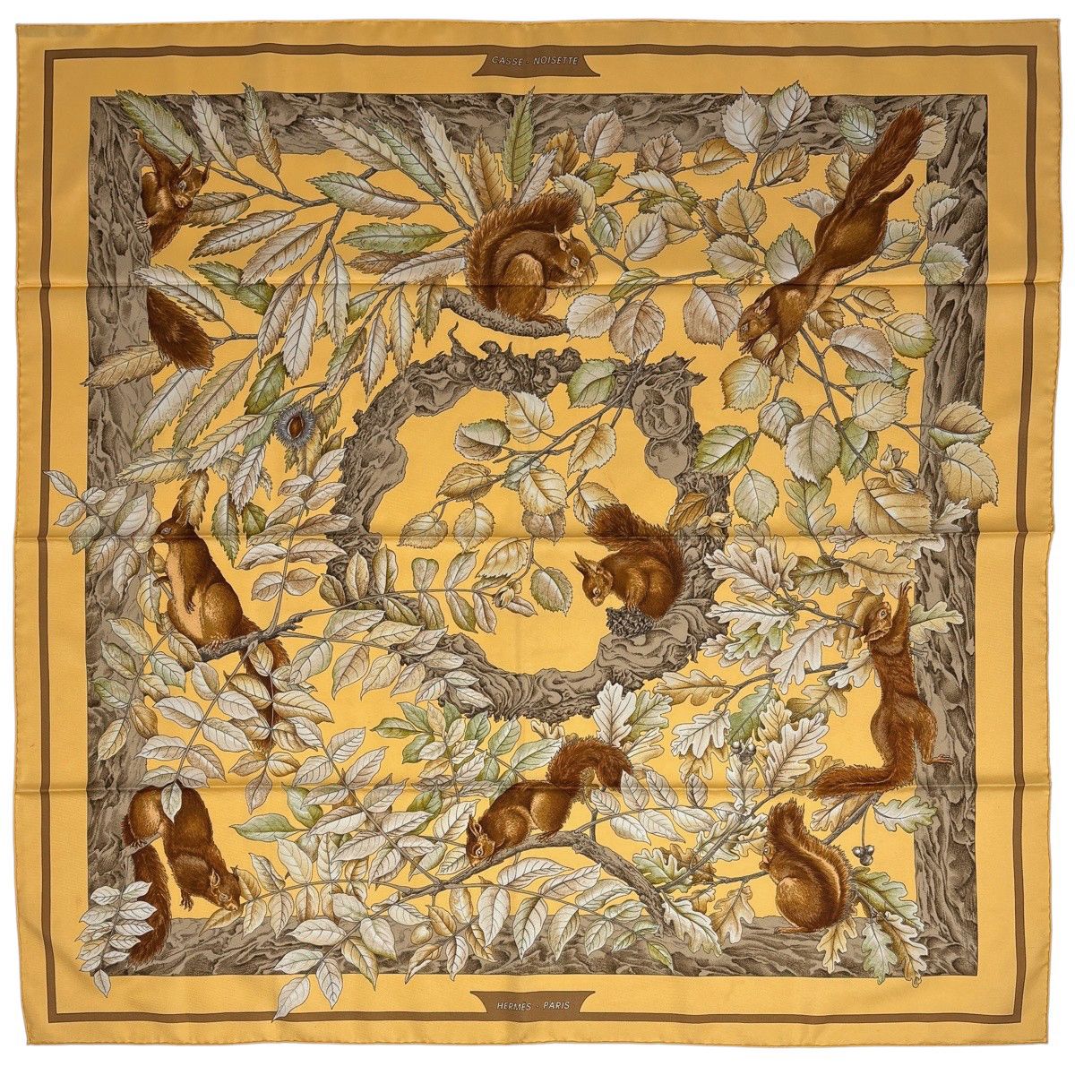 エルメス HERMES カレ 90 CASSE NOISETTE くるみ割り リス柄 木の実 スカーフ シルク オレンジ マルチカラー レディース