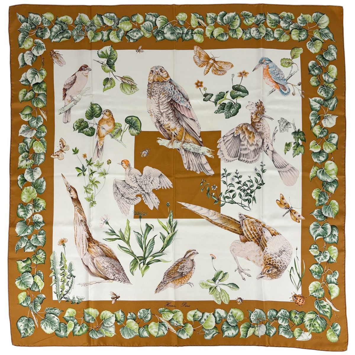 エルメス HERMES カレ90 La vie au grand air アウトドアライフ フクロウ スカーフ シルク ブラウン マルチ レディース