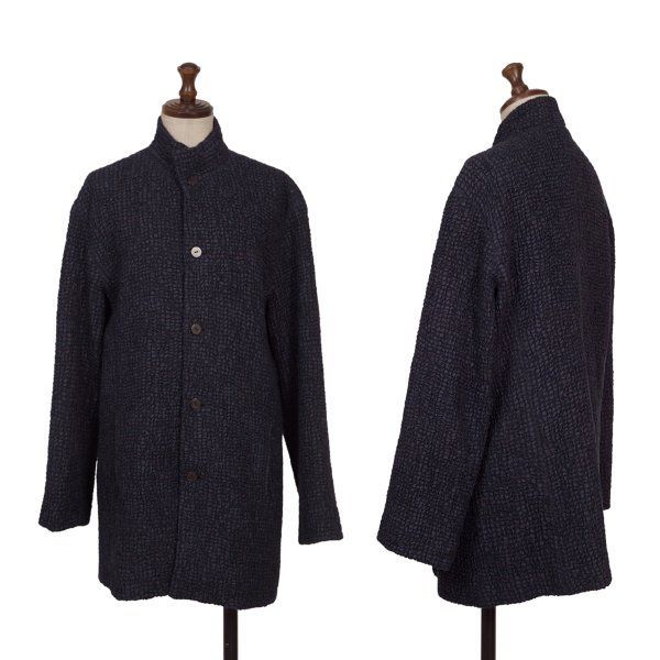 【JURGEN LEHL】ウールシルクジャケット　ネイビー　スタンドカラー　M ヨーガンレールJURGEN LEHL ウールシルクデザイン織りスタンドカラー