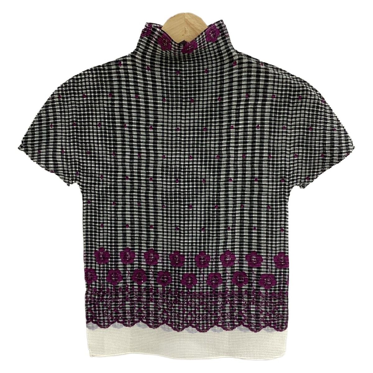 ミー イッセイミヤケ 半袖カットソー レディース - ライトグレー×黒×パープル ハイネック チェック柄 フラワー 花