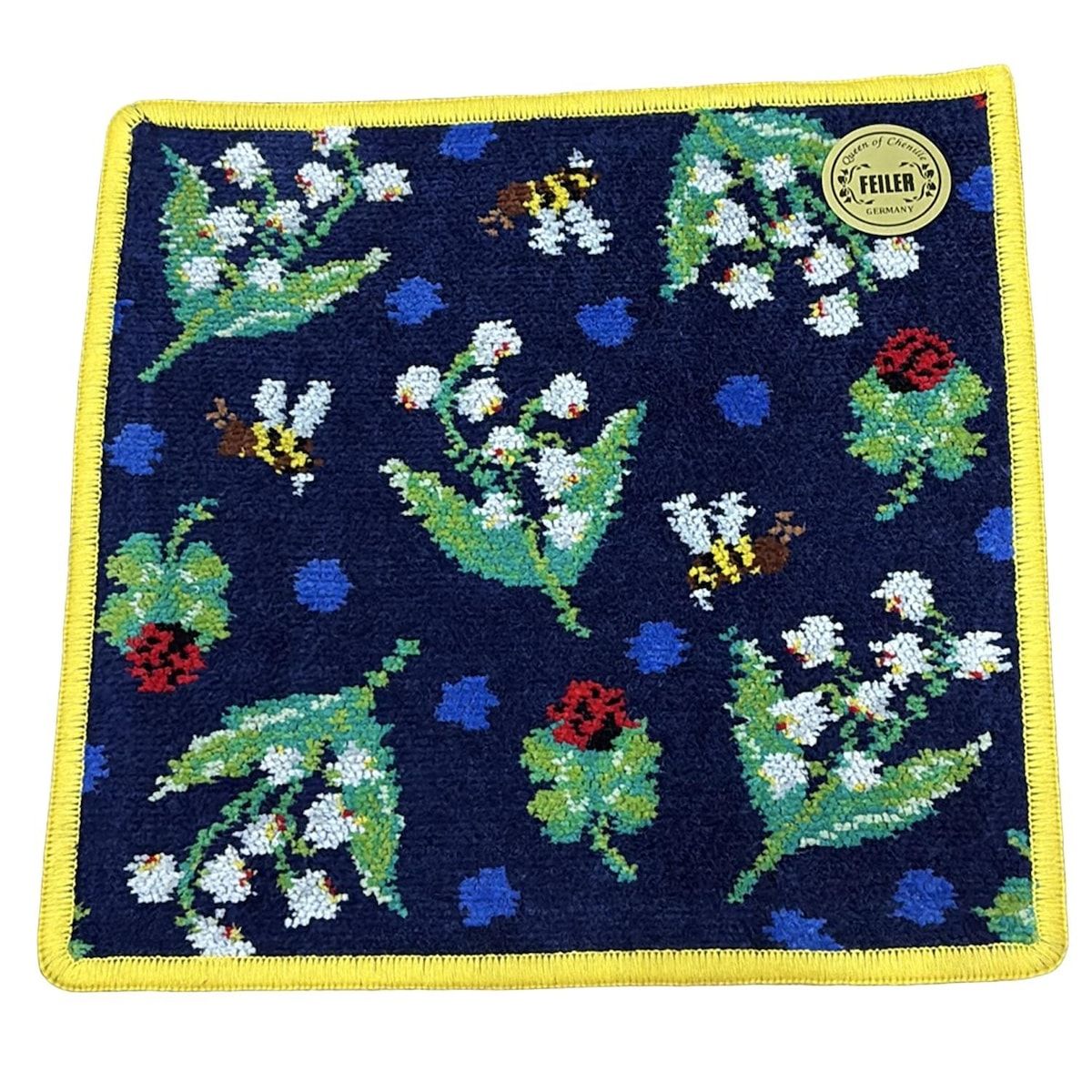 FEILER フェイラー 小物 - ダークネイビー×イエロー×マルチ ハンドタオル スズラン てんとう虫 ハチ MUVEILコラボ