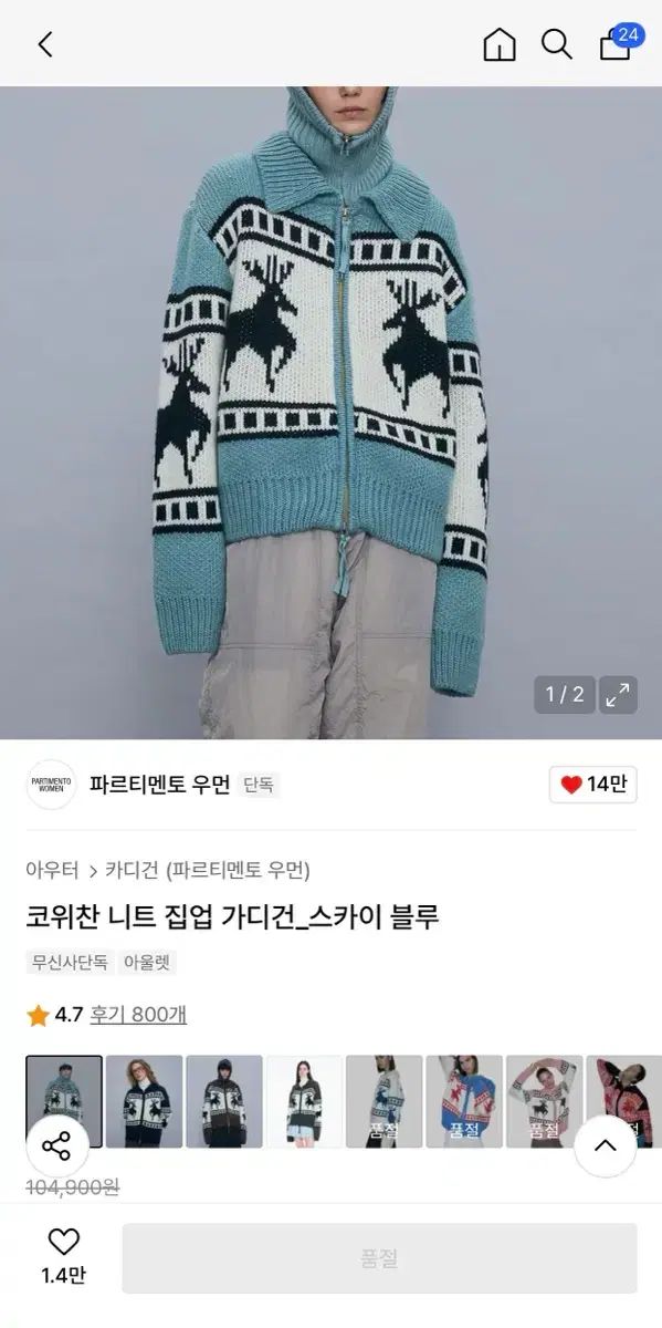 PARTIMENTO ウィメンズ カウチン ニット ジップアップ カーディガン_スカイ ブルー