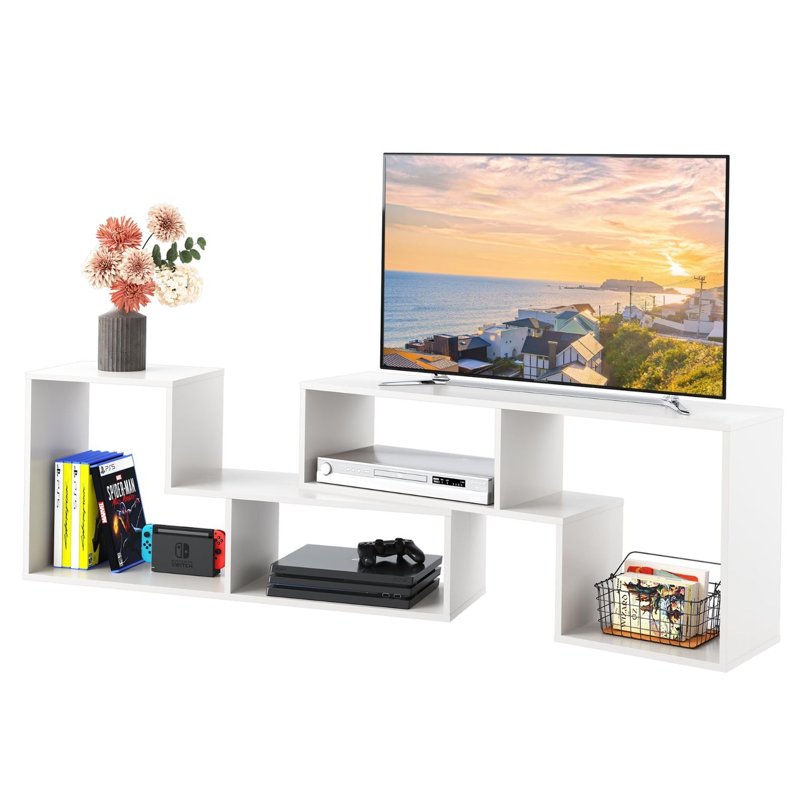 DEVAISE テレビ台 テレビラック 伸縮 伸縮テレビ台 幅105～210 cm 角度調整 42型対応 32インチ 60インチ対応 コーナー オープン収納 収納ラック 耐荷重25 kg 簡単組立 ホワイト