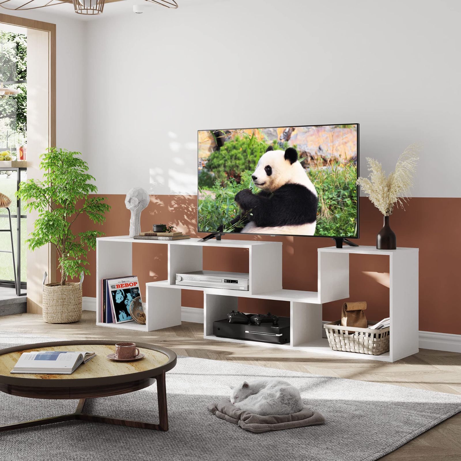 DEVAISE テレビ台 テレビラック 伸縮 伸縮テレビ台 幅105～210 cm 角度調整 42型対応 32インチ 60インチ対応 コーナー オープン収納 収納ラック 耐荷重25 kg 簡単組立 ホワイト