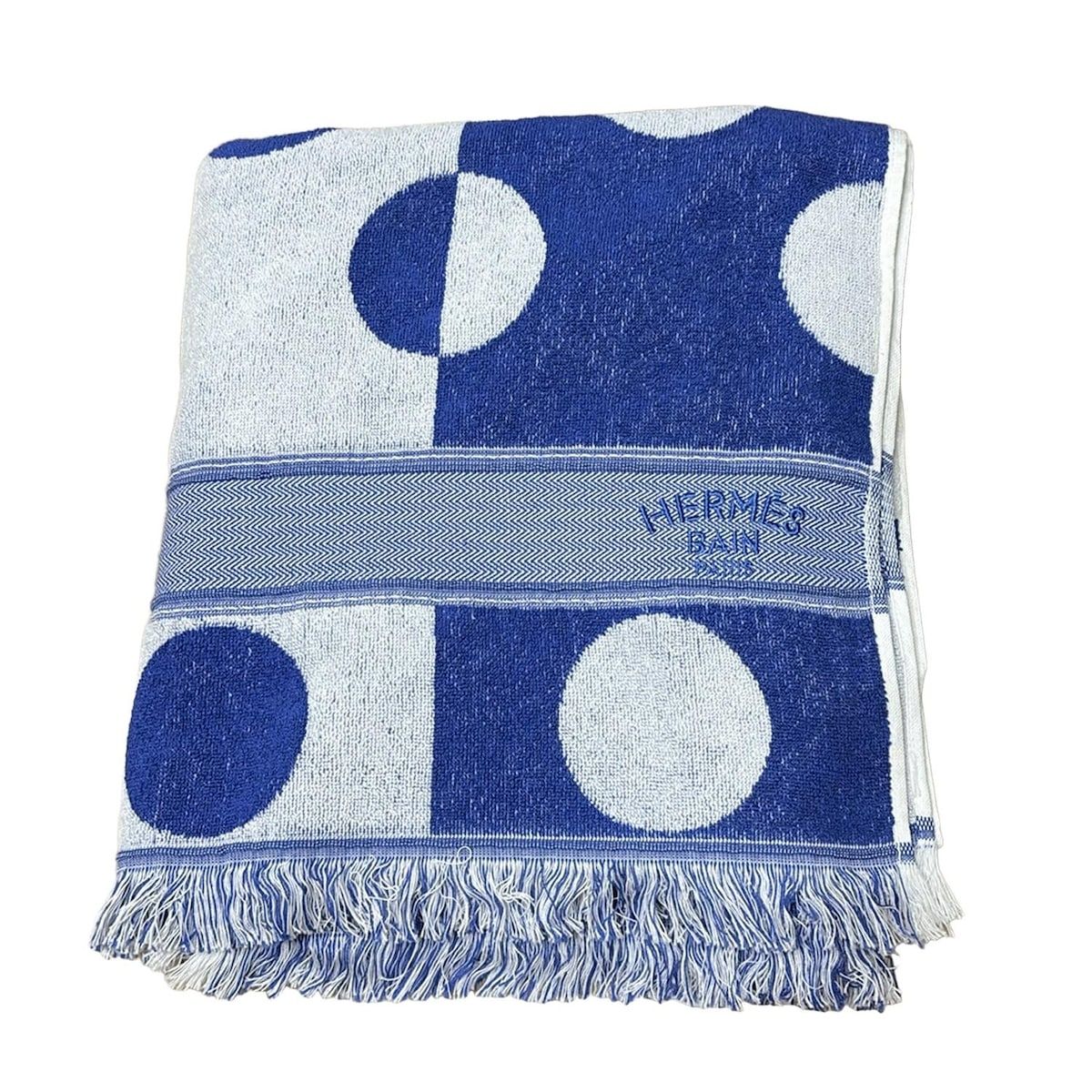 HERMES エルメス 小物 - ネイビー×白 ビーチタオル ドット柄 BAIN コットン