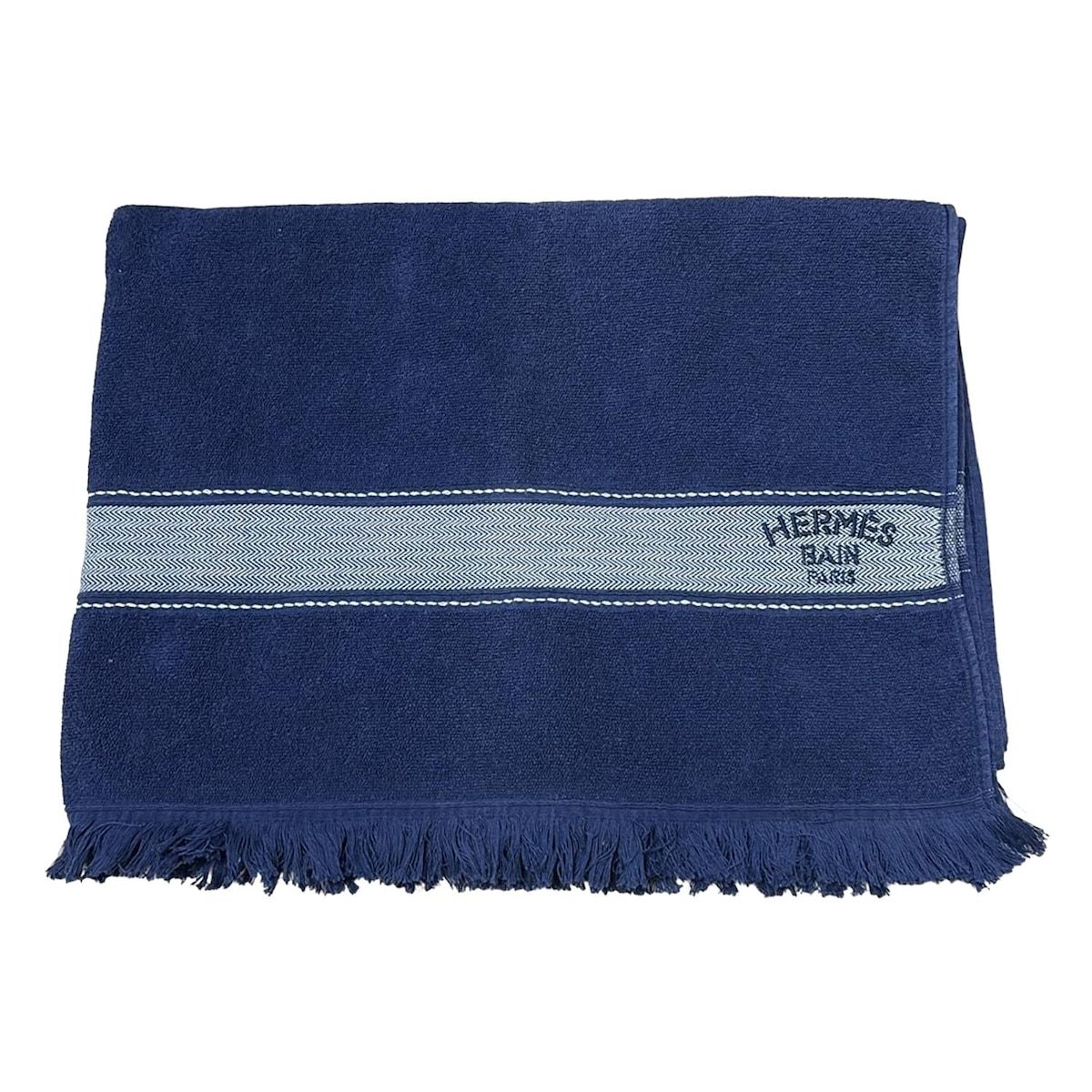 HERMES 新品ネイビー コットン フェイスタオル HERMES(エルメス) 小物美品 - ネイビー×白 ビーチタオル/BAIN コットン