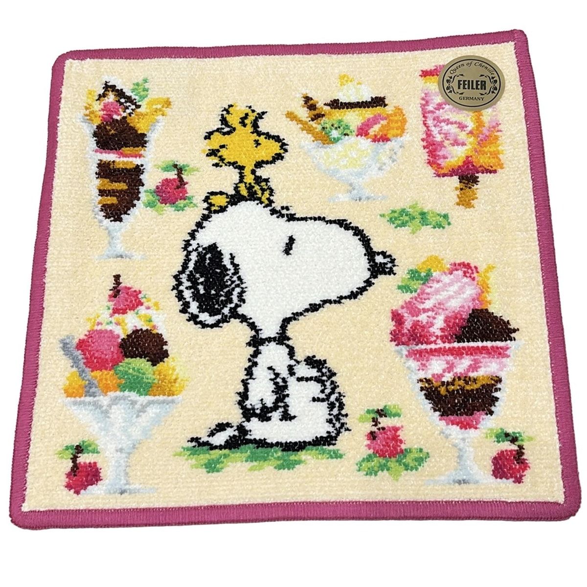 FEILER フェイラー 小物 - ベージュ×ピンク×マルチ ハンドタオル スヌーピー ウッドストック パフェ柄 SNOOPY TOWNコラボ