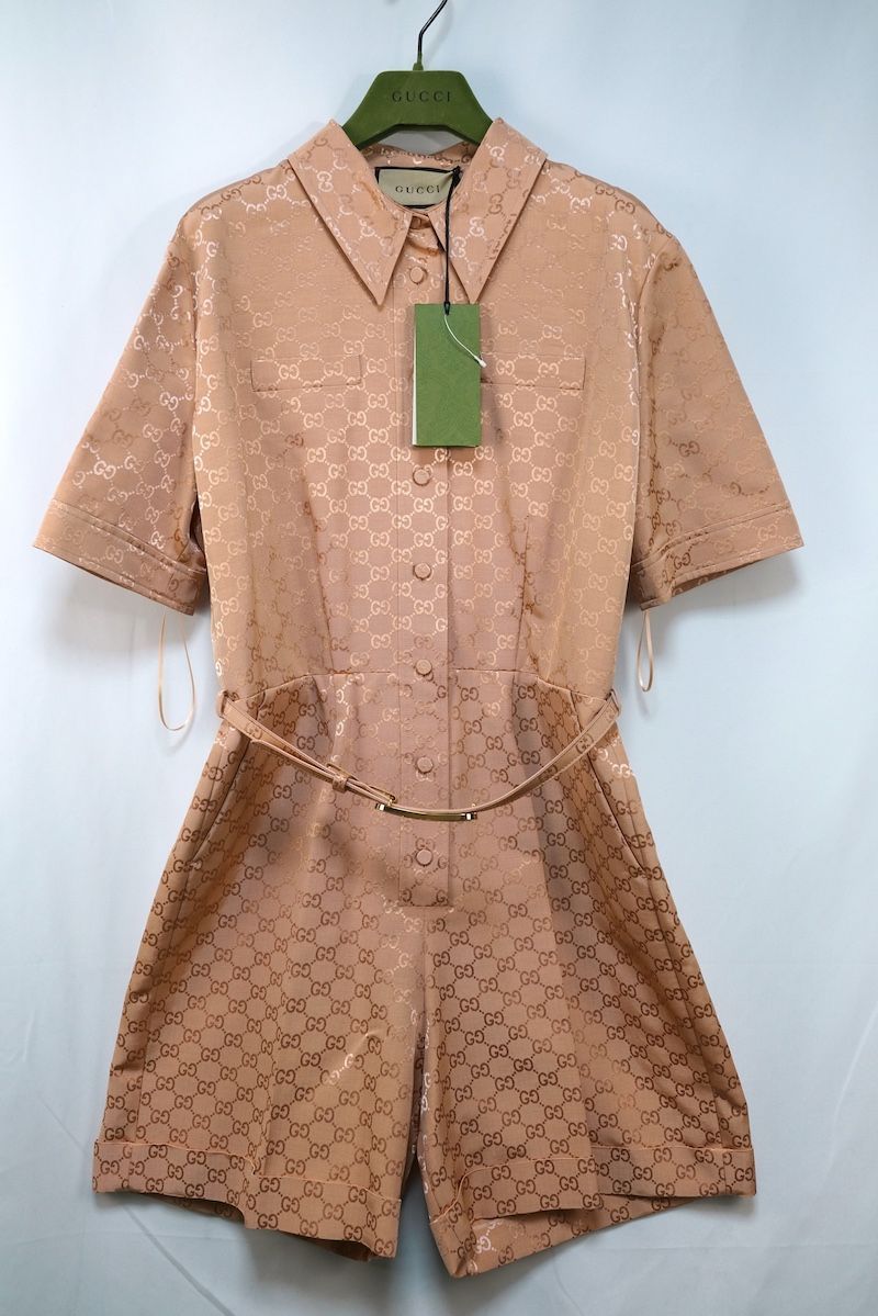GUCCI グッチ GG柄 コットン ビスコース ベルト付き ジャンプスーツ オールインワン ツナギ ピンク 175 96 A 691496 Z 8 AZ 2