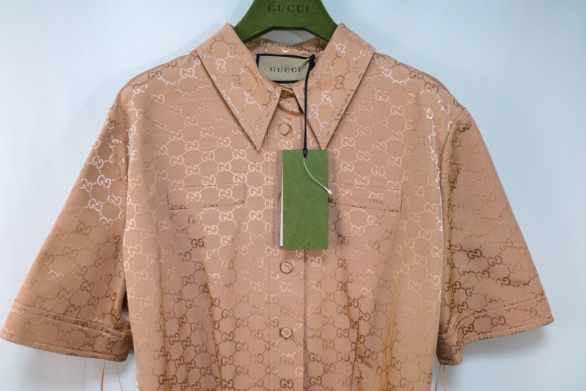 GUCCI グッチ GG柄 コットン ビスコース ベルト付き ジャンプスーツ オールインワン ツナギ ピンク 175 96 A 691496 Z 8 AZ 2