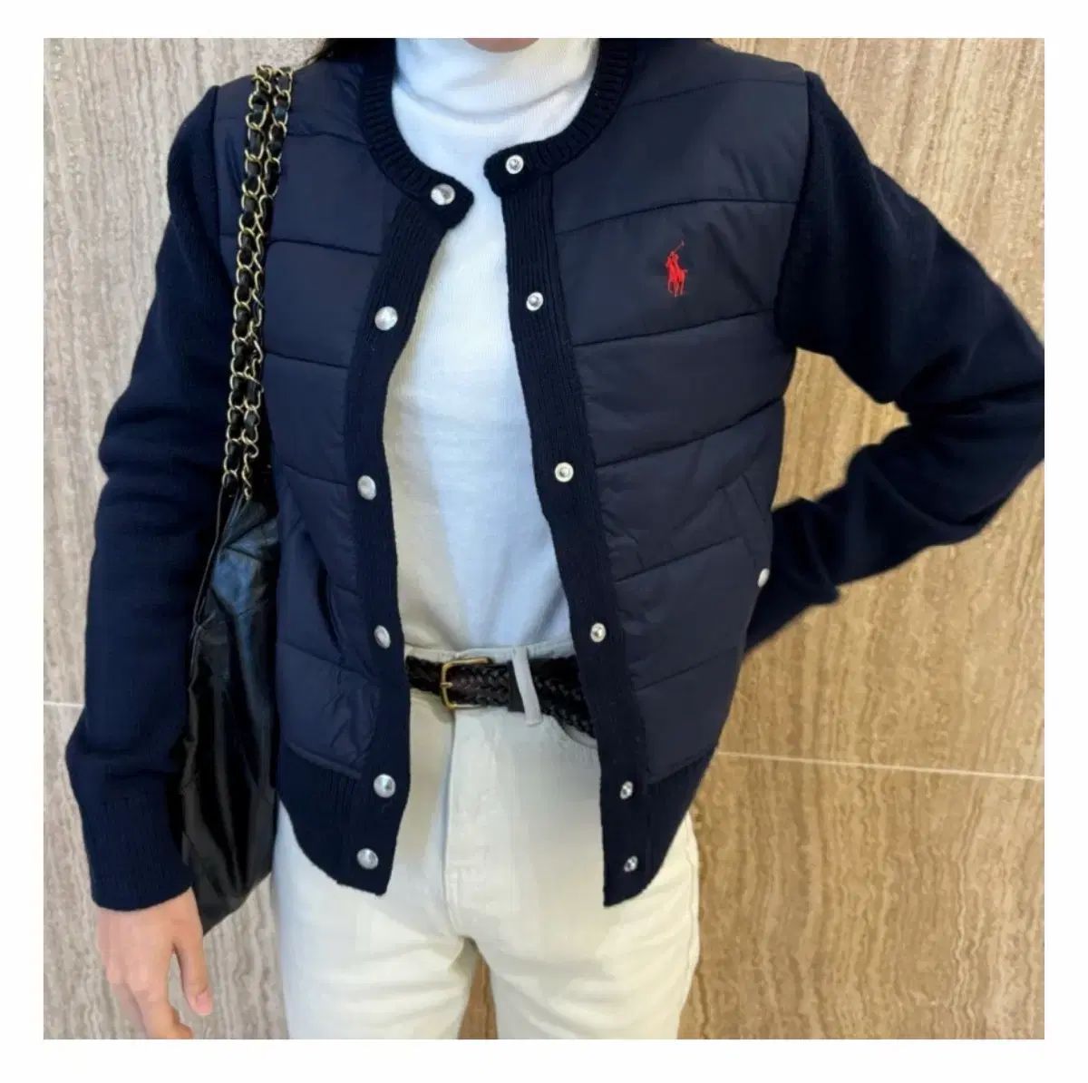 ポロ 軽量ダウン ニット ジップアップ L ネイビー