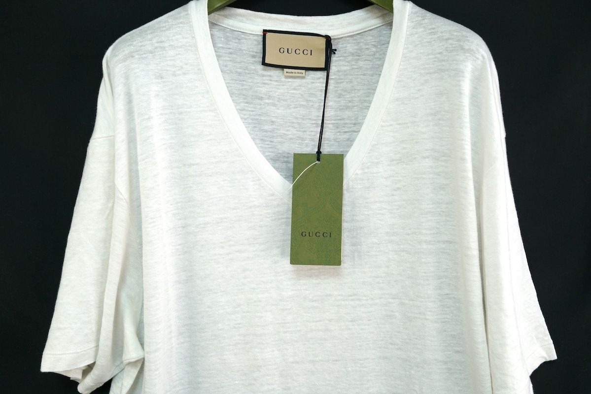 GUCCI グッチ Vネック Tシャツ GG ワッペン ホワイト リネン XXLサイズ 180|108 A 645269 XJC 6 N ♥