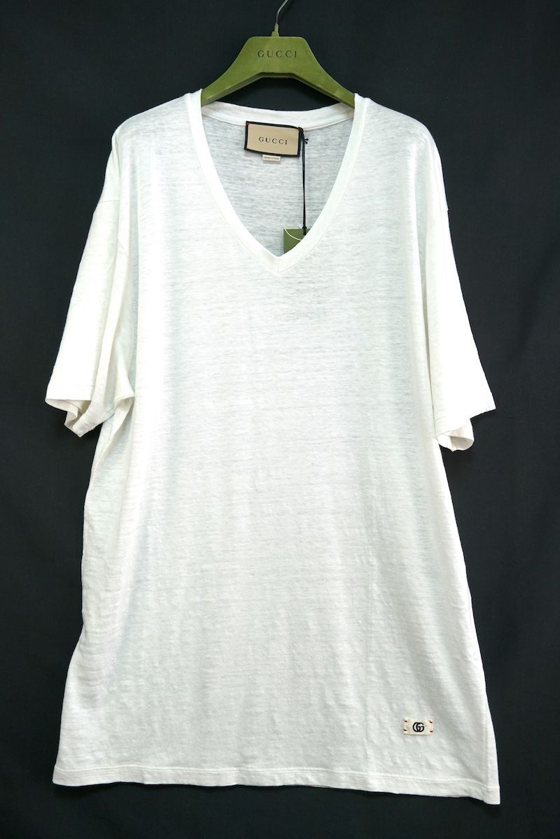 GUCCI グッチ Vネック Tシャツ GG ワッペン ホワイト リネン XXLサイズ 180 108 A 645269 XJC 6 N