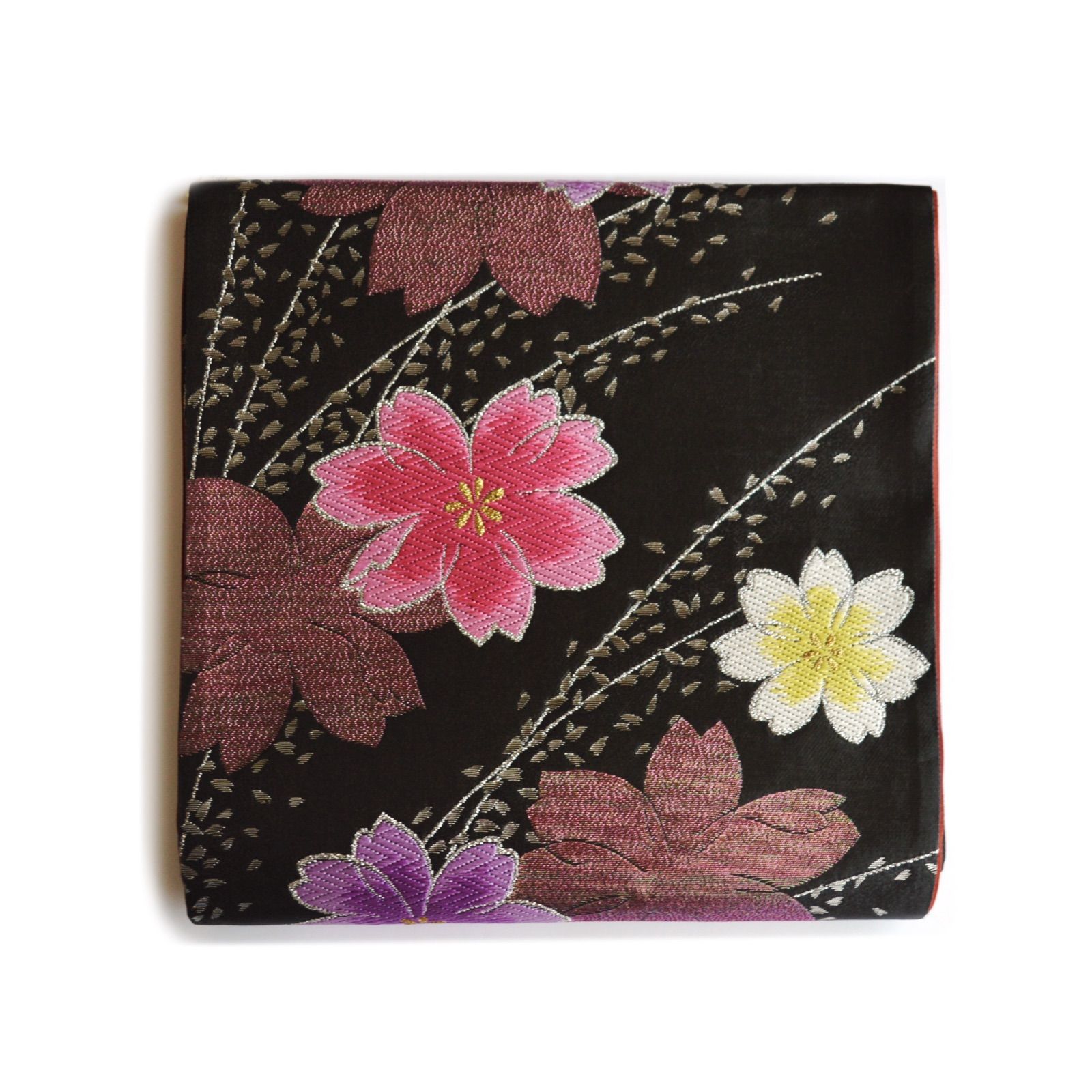 訳あり特価 新品》古典 振袖用 袋帯 正絹 花々 桜 ブラック 成人式 六