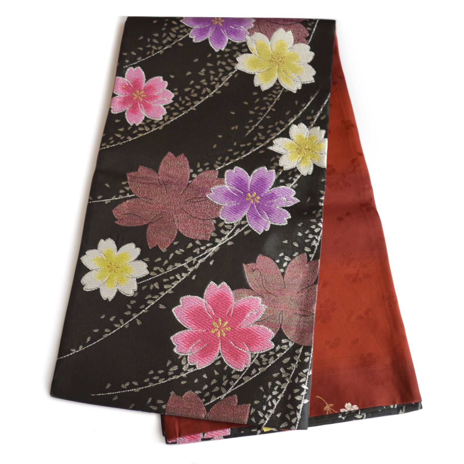 訳あり特価 新品》古典 振袖用 袋帯 正絹 花々 桜 ブラック 成人式 六