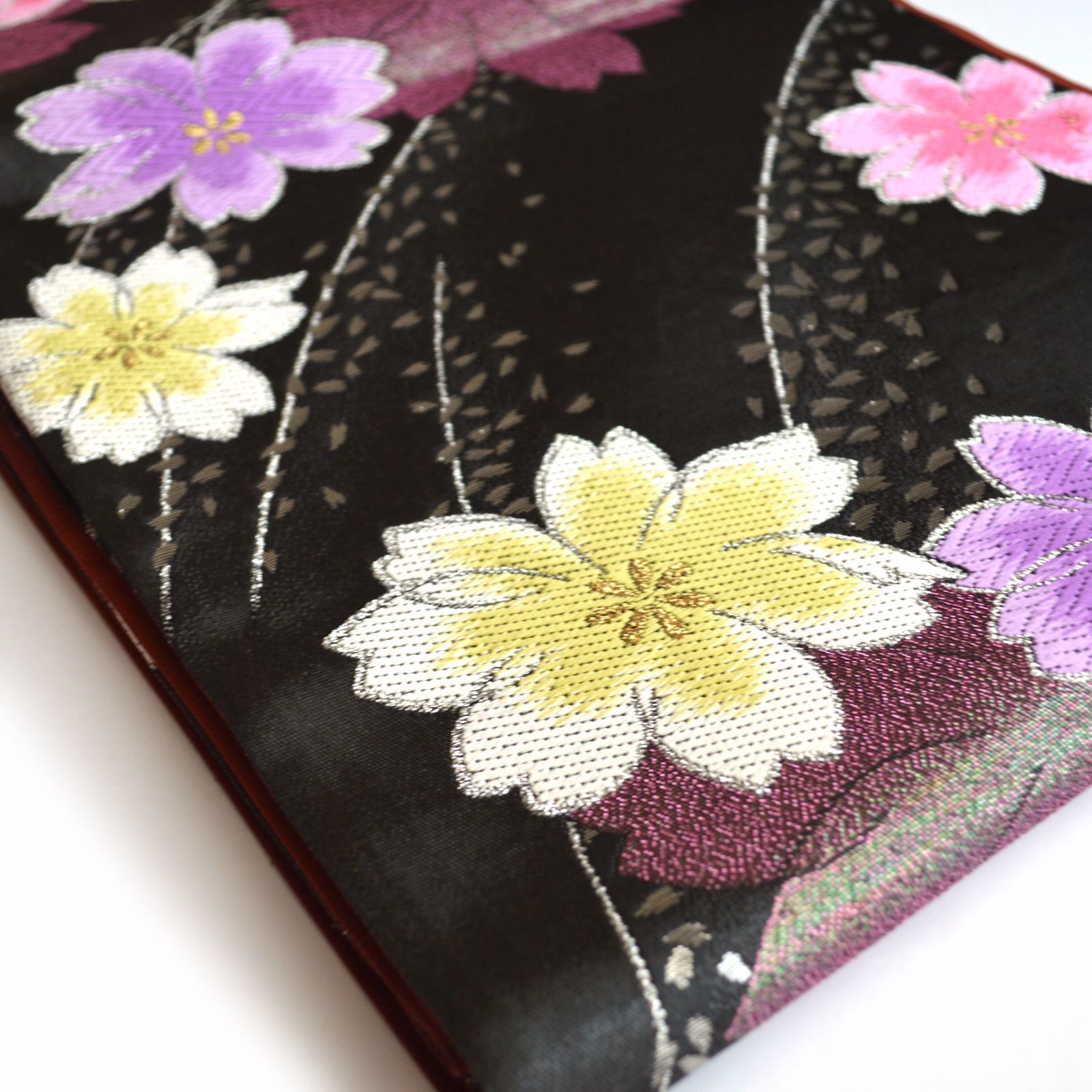 訳あり特価 新品》古典 振袖用 袋帯 正絹 花々 桜 ブラック 成人式 六