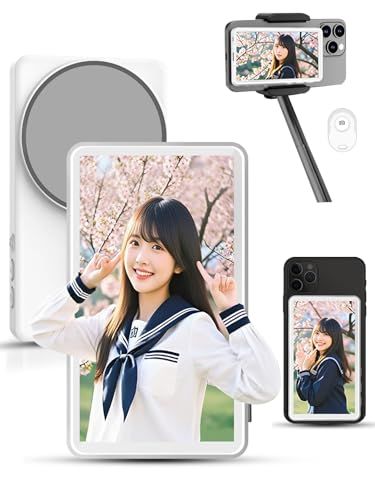 自撮り モニター iphone|4インチ超薄型 スマホ用 自撮りモニター 輝度調整 Bluetoothリモコン付き 磁気式ワイヤレスディスプレイ MagSafe対応 低遅延 30 mワイヤレス撮影 アプリ不要 ひとりでも完璧に撮れる ライブ配信 Ti