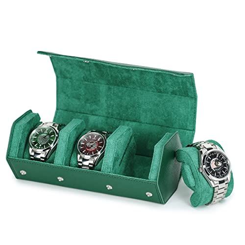 Contact s Family 腕時計ロール 3本用 六角型レトロ 本革時計ケース 腕時計収納ケース ベルベットインテリアレザーメタルラバー 時計携帯 旅行 出張 持運び 耐衝撃 ギフト プレゼン GREEN