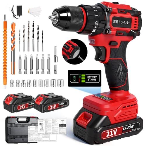 電動ドライバー 1台4役 電動ドリルドライバー ブラシレスモーター 60 N m リアノック 電動ドリル 20 3段階トルク 無段変速 コンクリートビット スピード調節 2 0 Ah電池 電量表示 正逆転切替 LEDライト 29点セット 小