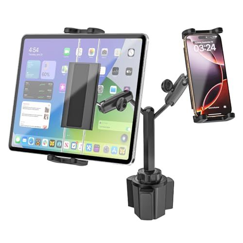タブレットホルダー 車 ドリンクホルダー 強化金属アーム＆最強の安定 カップホルダー タブレット スタンド デュアルデバイス使用 車載デュアルタブレットホルダー スマホホルダー ipadスタンド 金属製の調整アーム 360° 回転 転落防止 防振