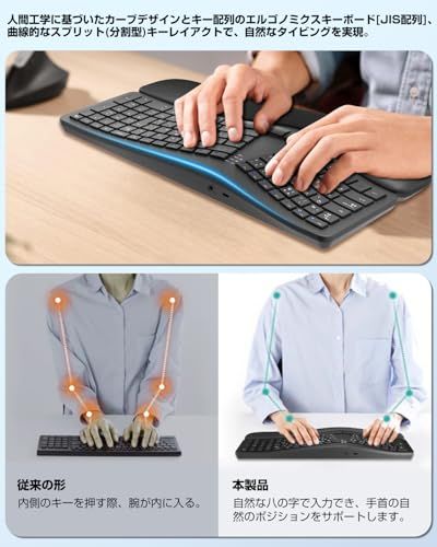 Ewin エルゴノミクス キーボード Bluetooth JIS配列 疲れにくい 2.4 G Bluetooth両対応 ワイヤレスキーボード 無線 テンキー付き フルサイズ 左右分離型 人間工学 Windows Mac iOS Android ブラック