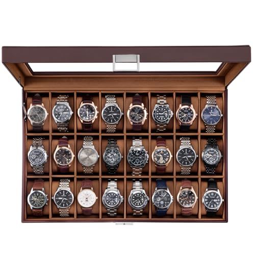 ProCase 腕時計ケース 男性用 24 スロット ガラス蓋付き 取り外し な枕付き 腕時計収納ケース 整理収納具 腕時計コレクター向け ブラウン