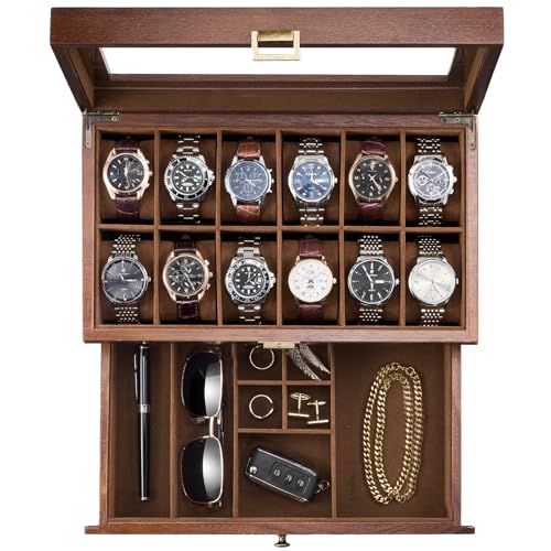 ProCase 12スロットウォッチボックスケース 男性用 木製腕時計ケース 引き出しと2層ディスプレイ付き 12スロット腕時計ホルダーオーガナイザー