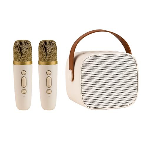 Smaly 2025新型ミニカラオケセット ベージュ SM-KM 200 カラオケマイク2本付き ホームカラオケ ポータブル ボイスカット