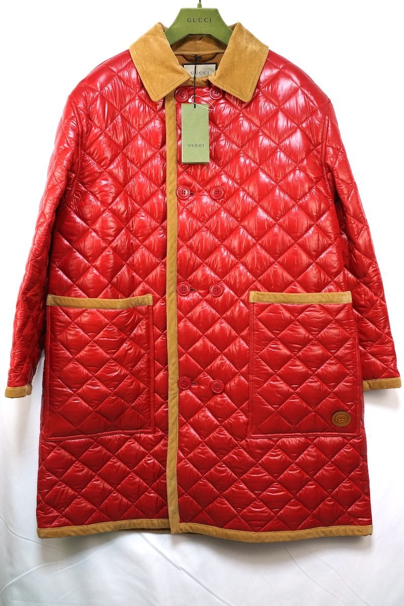 GUCCI グッチ Double-Breasted Quilted Coat ダブルブレスト キルティング コート シャイニーナイロン コーデュロイ レッド ベージュ 731360 Z 8 BDN